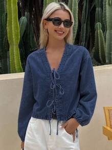 Livesso Women's Summer Tie Lantern Sleeve Denim Blouse