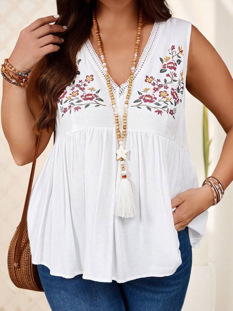Plus Size White Country Vacation Bohemian Style Symmetrical Floral Offset Pattern Print Lace Patchwork V-Neck Women's Tank Top And Top For Spring And Summer Wear Vacation Linen Summer Tops Vacation White Boho Top