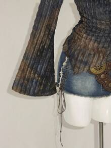 SHEIN ICON 秋季女式西部波西米亚风复古哥特露肩外出扎染印花不对称下摆长袖喇叭袖时尚T恤 - 彩色 - 查看 8