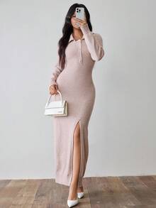 Rafferiza Dusty Pink Elegant Autumn Everyday Women's Mixed Yarn Lapel Metal Button Loose Casual Split Hem Sweater Dress,Fall Winter Long Party Wedding Guest - Khaki - View 3