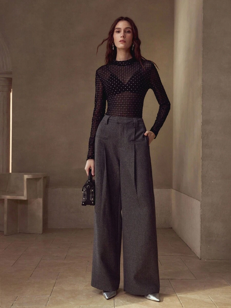 MOTF PREMIUM 斜口袋褶饰阔腿西装裤 - 深灰色 - 查看 1