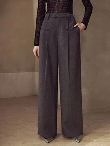 MOTF PREMIUM 斜口袋褶饰阔腿西装裤 - 深灰色 - 查看 4