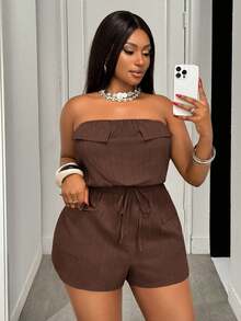 Slaydiva Bộ đồ liền thân dáng ngắn không tay màu xanh quân đội trơn, kiểu dáng mới cho mùa Xuân/Hè, thích hợp cho đi nghỉ mát, đi chơi và mặc hàng ngày, có túi hộp và dây rút ở eo, chất liệu vải dệt họa tiết, cỡ lớn. - màu nâu - Xem 7