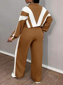 Slaydiva Plus Size Women Striped Batwing Sleeve Jacket And Pants Casual 2 Pieces Set - Brown - View 2