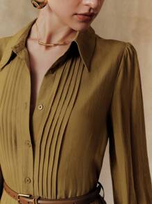 Arave Đầm suông Tencel trơn màu cổ bẻ cài nút trang trí tay dài thắt eo thắt nơ thoải mái thoáng khí, thích hợp mặc hàng ngày, đi nghỉ, hẹn hò, đi làm, mua sắm vào mùa hè và mùa thu - Màu xanh Ô liu - Xem 2