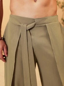 VENTUSAIL Men's Summer Linen Texture Layered Design Loose And Comfortable Breathable Vacation Long Pants With Waist Tie Design, Khaki Going Out Plain Baggy Slacks Pants, For Husband, Boyfriend Gifts, For Fall - Khaki - View 5