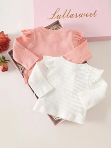 SHEIN 2pcs Baby Girl Cute Knitted Sweater With Ruffle Sleeves, Autumn/Winter