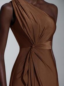 SHEIN Belle Women's Romantic Elegant Brown Elastic Knit Fabric One-Shoulder Twist Loose A-Line Bridesmaid Dress