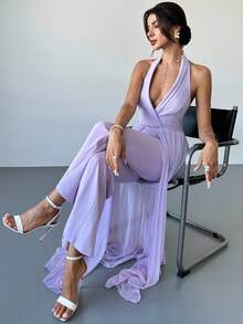 Firerie 女士优雅浪漫端庄度假时尚宴会日常露背高腰露背网眼丝带二合一薰衣草色连体裤 - 淡紫色 - 查看 7