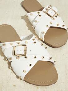 VACAZURE Flache Sandalen für Damen mit Willow Stud Dekoration, modisch und vielseitig einsetzbar - Weiss - Übersicht 4