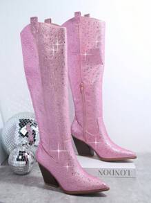 SHUZIA 水鑽側拉鍊及膝靴子 - 粉色 - 查看 2