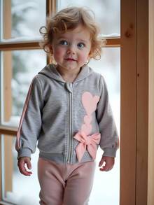 SHEIN 女婴时尚休闲刺绣心形图案连帽拉链夹克，秋冬