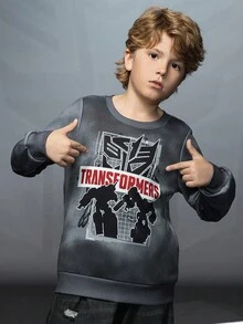 Transformers X SHEIN Sweat-shirt-shirt col rond décontracté avec graphique lettrage pour garçon préadolescent, automne - Gris - Voir 3