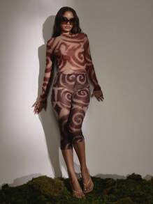 MUSERA 中长款漩涡印花网眼七分紧身裤（仅限下装）秋季性感可爱乡村西部风夜外出同步派对夏季 - 彩色 - 查看 5