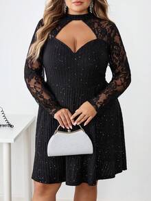 SHEIN CURVE+ 大码女式优雅性感约会派对聚会修身亮片领镂空罗纹面料蕾丝拼布长袖连衣裙/秋冬 - 黑色 - 查看 7