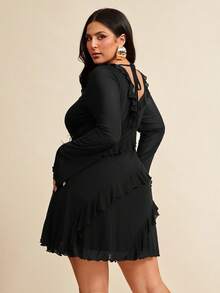 SHEIN BAE 加大码长袖连衣裙，浪漫甜美荷叶边秋季连衣裙，适合约会、旅行、秋季内衣、蝴蝶结、女士夏季连衣裙、女士节日派对服装、优雅、生日服装、网眼、性感连衣裙、生日礼服、返校女孩服装、女孩夏季服装、秋季服装、校服、万圣节、冬季、Y2k 服装、复古、女士度假服装、加大码女装、女士夏季连衣裙、7 月 4 日女士 - 黑色 - 查看 4
