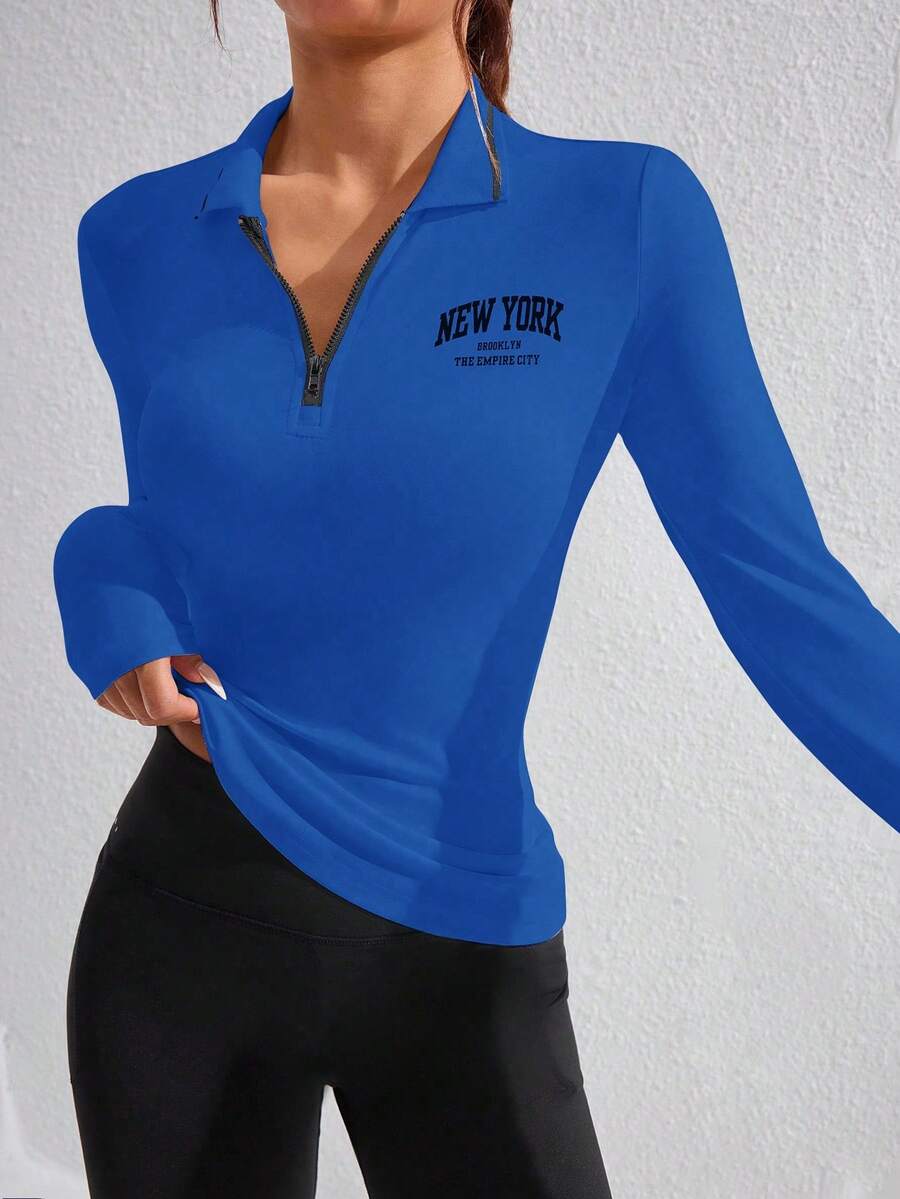 SHEIN Core Rhythm Damen Minimalistisches Buchstaben-Muster Viertel-Reißverschluss Langarm Sport Poloshirt