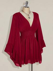 SHEIN ICON 加大码 V 领褶皱 A 字形连衣裙，喇叭袖，波西米亚风、嬉皮风、Y2K 风格，适合夏季、波西米亚风、暑假、音乐节、毕业典礼和返校服装 - 酒紅色 - 查看 4