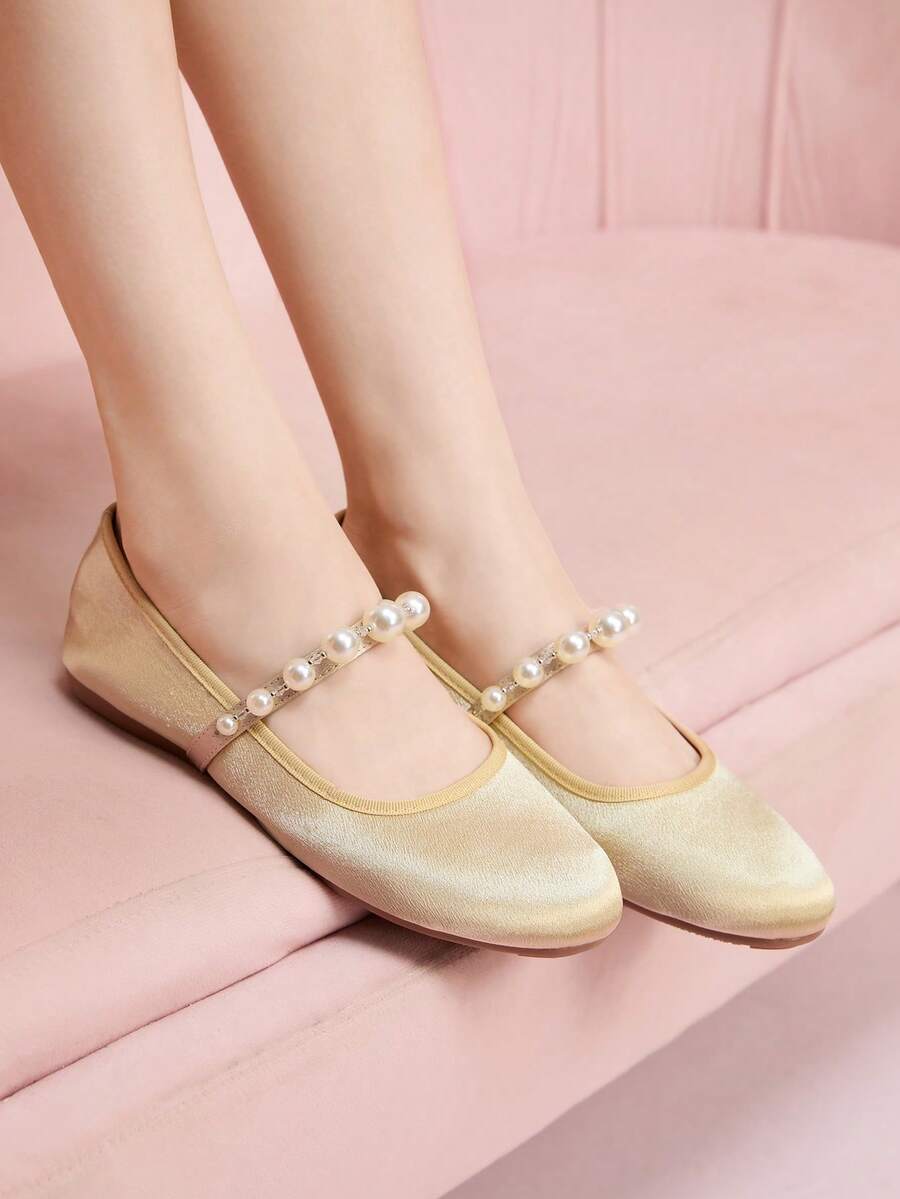 CUCCOO DOLLMOD 女士白色珍珠带圆头平底玛丽珍鞋，性感可爱优雅休闲度假派对情人节约会婚礼活动 - 金色 - 查看 1