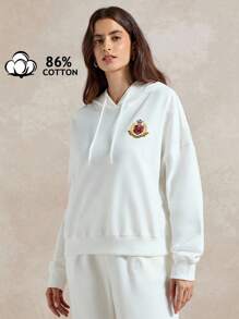 Briarwyn Damen Kapuzenpullover mit Buchstabenstickerei und langen Ärmeln und Kordelzug, Drop-Shoulder - Weiss - Übersicht 6