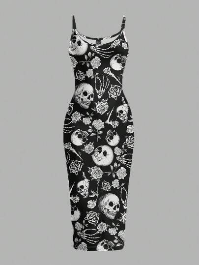 SHEIN EZwear Halloween & Day Of The Dead Black And White Skull Casual Minimalist Full-Length Bodycon Slip Dress – Perfect For Parties, Early Autumn, Homecoming, Back To School, And Fall Women's Clothing. Ideal For Club Outfits, Sexy Aesthetic Style, Gothic, Cybersigilism, Y2K Streetwear, Vintage, Grunge, And Punk Looks. Chic Dress Midi Dress Skull And Roses Dress Gothic Dress Skull Dress Punk Dress