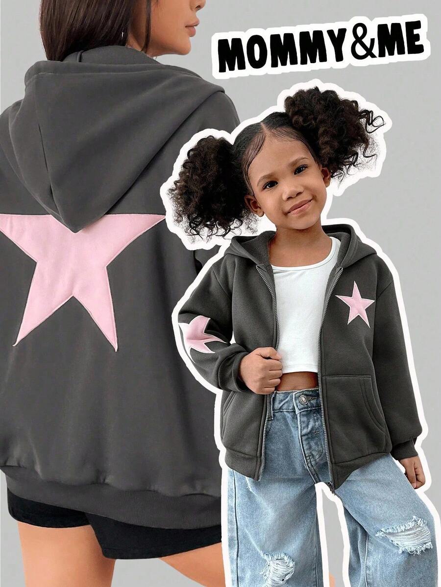 Back To School Baby Girl Gray & Pink Star Print Contrast Color Knit Hoodie Sweatshirt, Loose Fit Thermal Lined Casual Sweatshirt For Autumn/Winter Fall