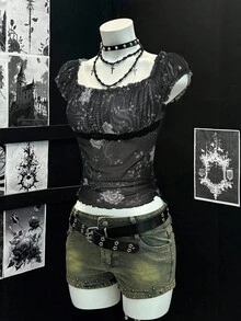 EgrlEra 复古性感修身女式泡泡袖T恤，方领，丝带和网眼拼布 - 黑色 - 查看 5
