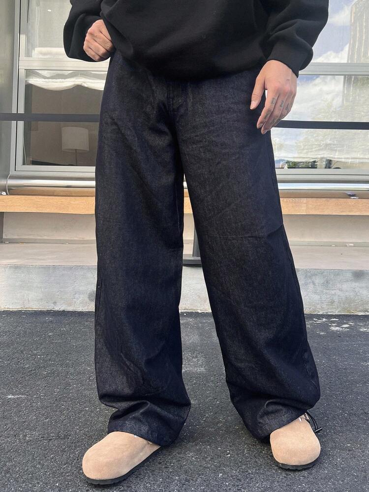 Navy Blue Blue Original Color Denim Letter Print Design Cocoon Pants Streetwear Style Men's Jeans, Autumn