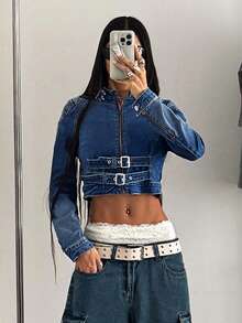 StreetHx Áo khoác denim phong cách Retro Biker Chic có cổ đứng cài nút - Rửa trung bình - Xem 5