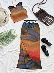 Soleia WYWH Women's Vacation Knit Crochet Vest & Split Hem Skirt Set, Suitable For Music Festival, Boho Style - Multicolor - View 1