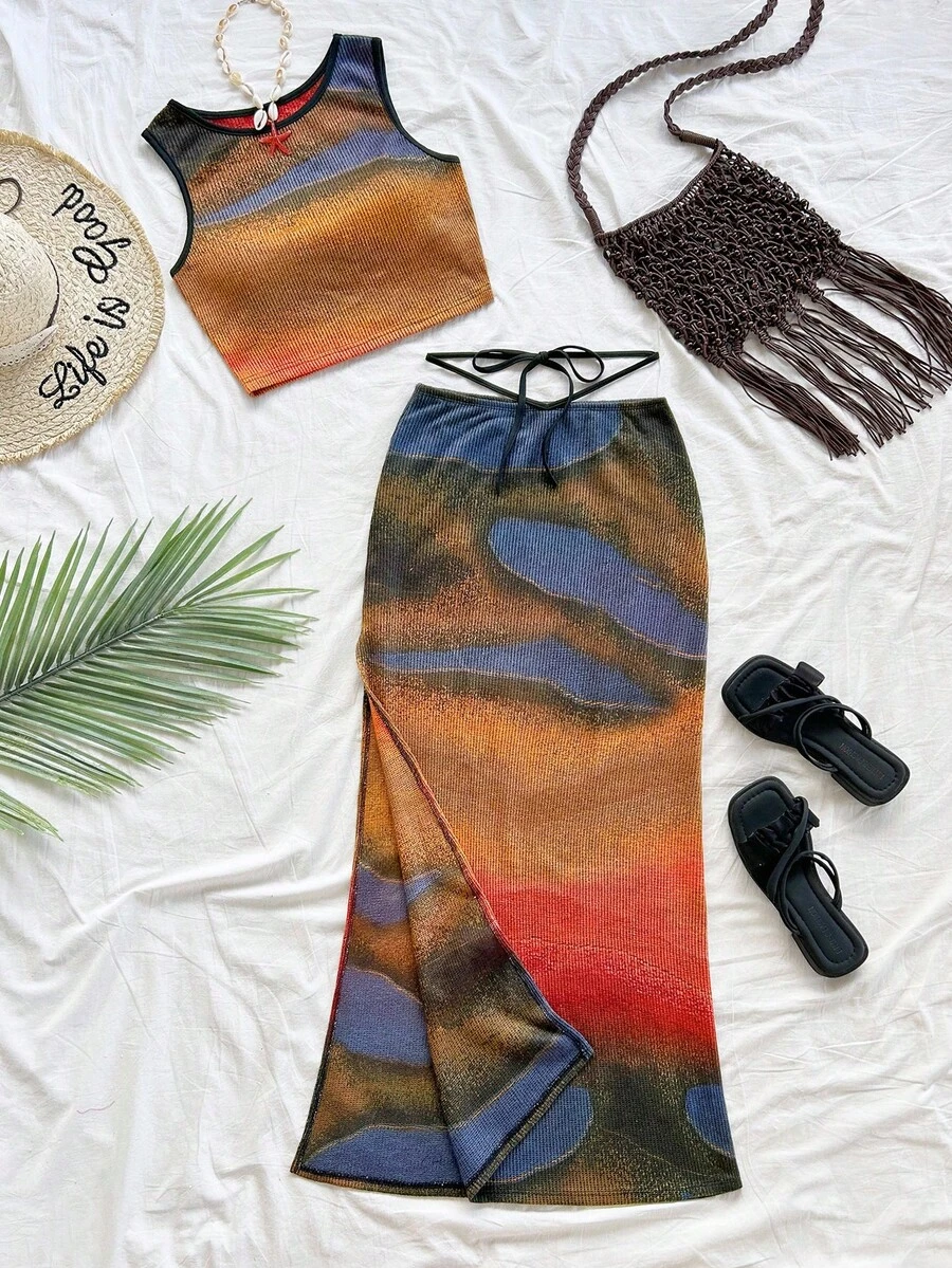 Soleia WYWH Women's Vacation Knit Crochet Vest & Split Hem Skirt Set, Suitable For Music Festival, Boho Style - Multicolor - View 1