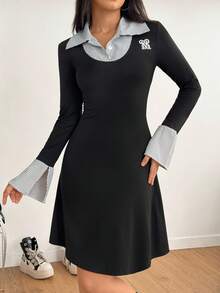Women's Casual Commuter Striped Patchwork Mini Dress - Black - View 3