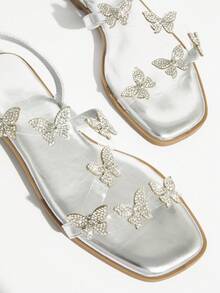 SHUZIA Women's Solid Color Rhinestone Decoration European And American Style New Summer Korean Version Flat Sandals With Elegant - Silver - View 5