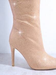 SHUZIA Rhinestone Closed Toe Over-the-Knee Sock Boots - Champagne - View 3
