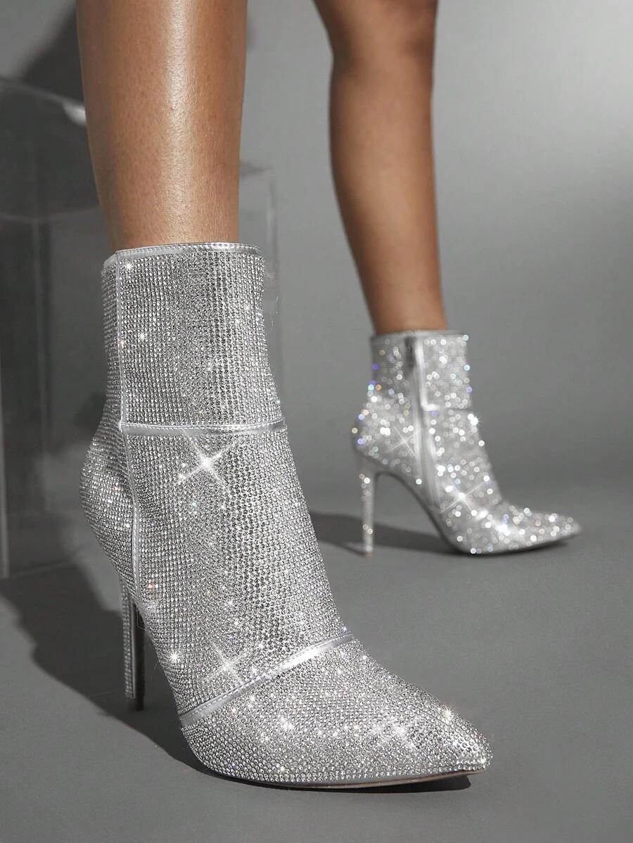 SHUZIA Rhinestone Point Toe Stiletto Heeled Boots