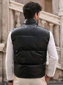 HIMLAND Men's Casual Shiny Sleeveless Stand Collar Puffer Vest, Suitable For Winter, Fall - Black - View 3