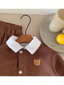 2件套男童梭织领休闲夹克和保暖内衬裤子套装 - 棕色 - 查看 7