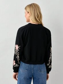 Miaspire Embroidered Floral Detail O-Ring Zip Up Bomber Jacket - Black - View 2