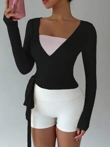 FavEase 粉色瑜伽健身运动弹力柔软前开系带 V 领裹身长袖短款紧身 T 恤，时尚简约休闲优雅衣橱必备设计，适合女性，春秋季 - 黑色 - 查看 4