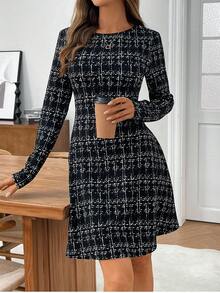 EMERY ROSE 女式格子圆领长袖优雅短款连衣裙 - 黑色 - 查看 1
