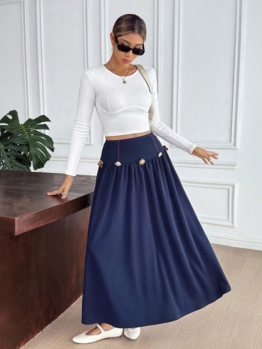 SHEIN Frenchy Váy công sở thanh lịch eo nhún trang trí kim loại cho nữ - Màu xanh lam - Xem 1