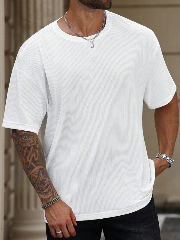 Manfinity Homme Camiseta de manga corta de cuello redondo casual y versátil para verano, talla grande para hombres