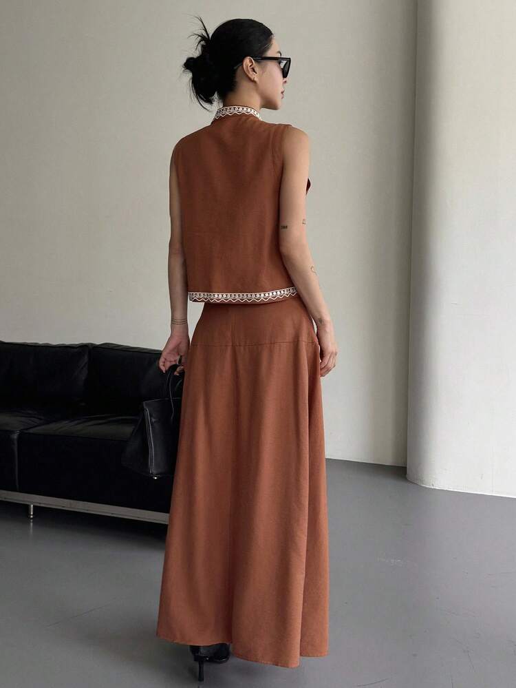 Women's Summer Casual Embroidered Collar Sleeveless Top And Skirt 2 Pieces Set