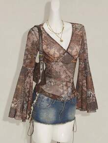SHEIN ICON Women's Autumn And Winter Western Style Retro Sexy Hot Girl Y2K Bohemian Style See-Through Mesh Paisley Pattern Brown V-Neck Trumpet Sleeve Top