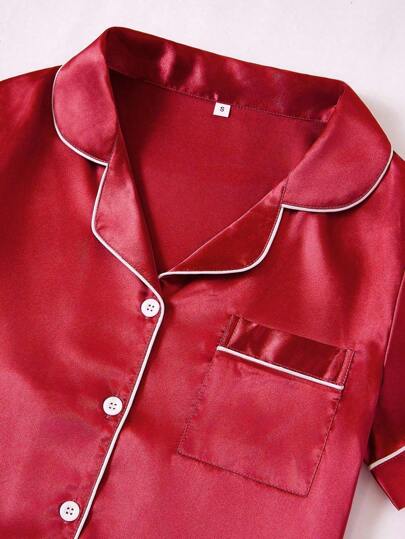 LuxeNights Set Women Contrast Solid Faux Zijden Collar Sleepwear Rood Pajama view 4