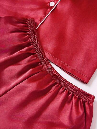 LuxeNights Set Women Contrast Solid Faux Zijden Collar Sleepwear Rood Pajama view 5
