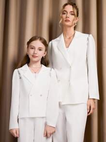 SHEIN Girls' Blazer Suit Set, White Handcrafted Crystal Decor Blazer & Pants, Elegant Everyday Wear & Commute Fall Winter