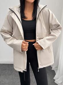 SHEIN Tall Veste utilitaire zippée à capuche doublée pour femmes - coupe-vent minimaliste de streetwear - Beige - Voir 7