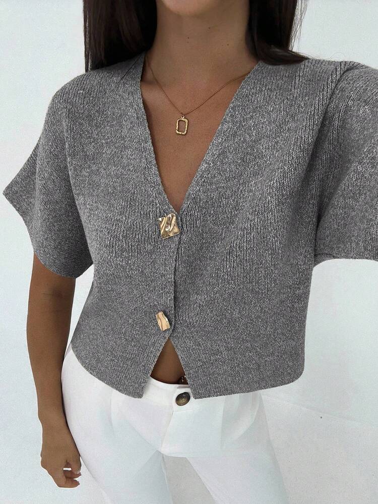 Aloruh New Minimalist Fashion Deep V-Neck Short Sleeve Thin Double-Breasted Cinched Waist Casual Versatile Cardigan,Fall