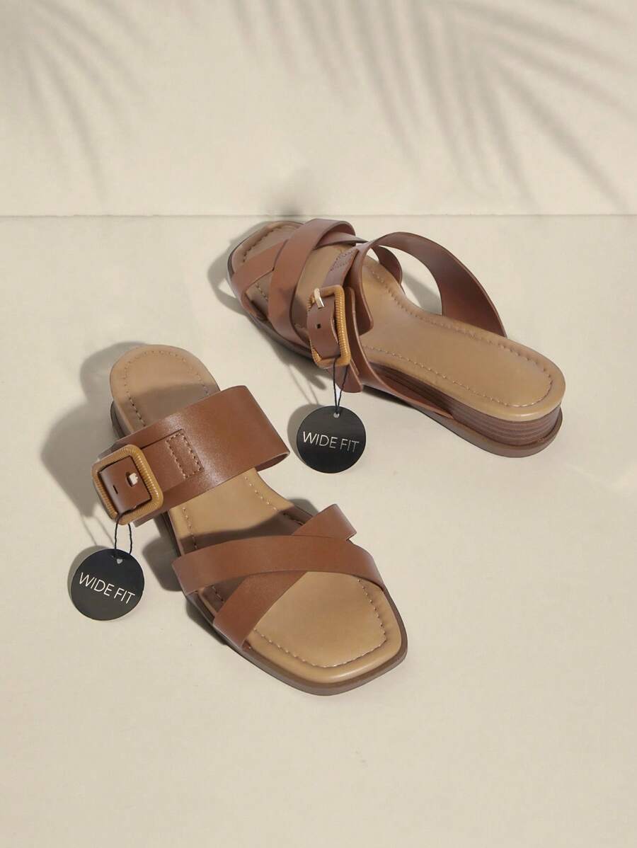 SHUZIA Women Plus Size Brown Cross Strap Flat Sandals - Brown - View 1